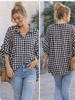 Easel Los Angeles Black Gingham Ruffle Sleeve Button Down Tunic Top L Boho